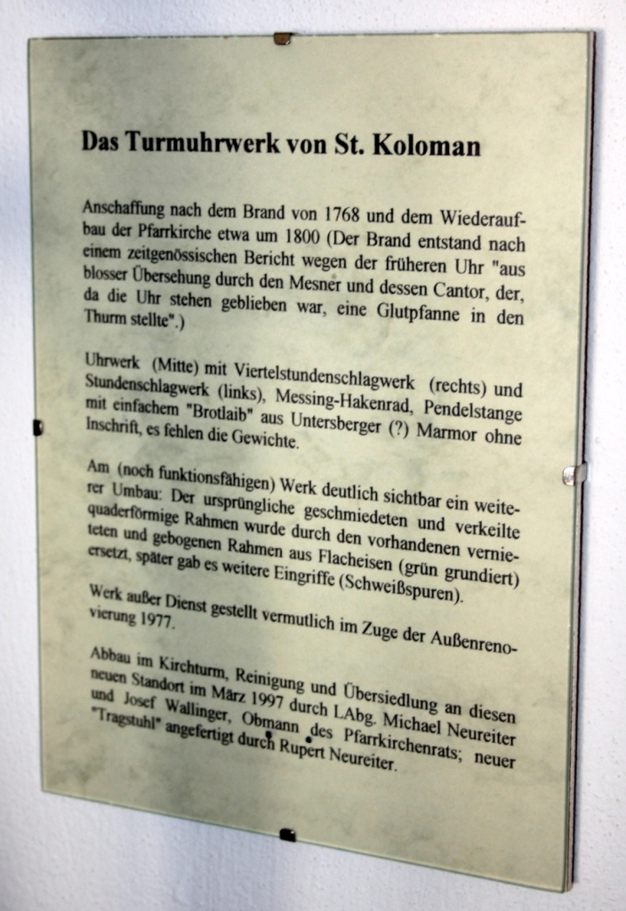 Turmuhrwerk St. Koloman Infotafel