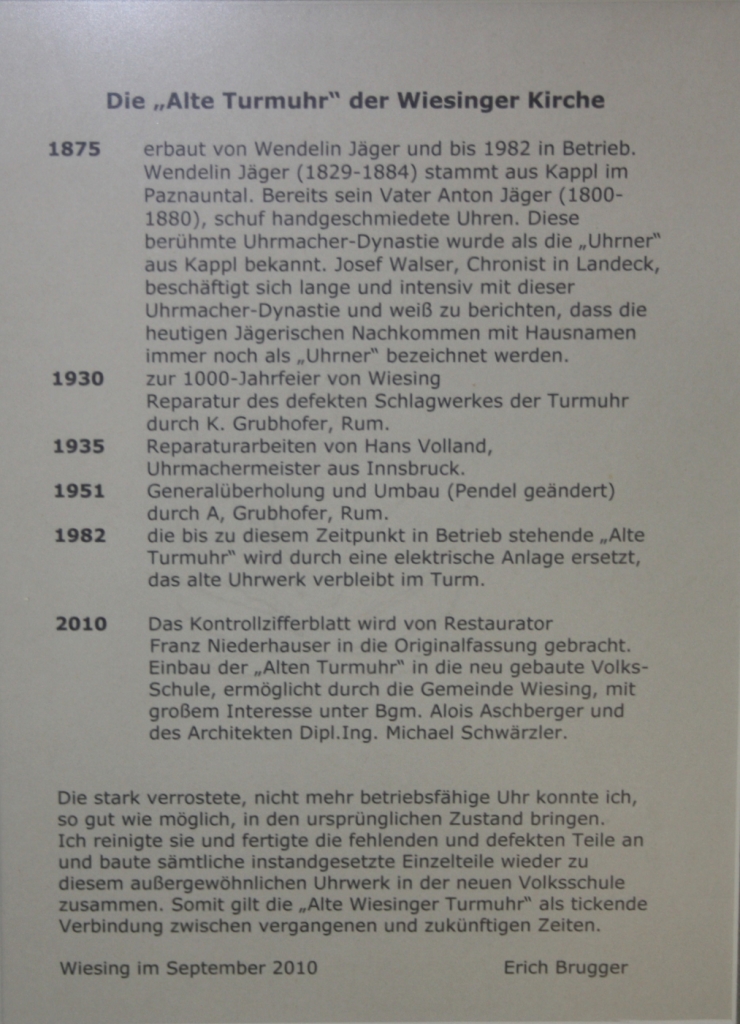 Turmuhrwerk Wiesing Info Erich Brugger
